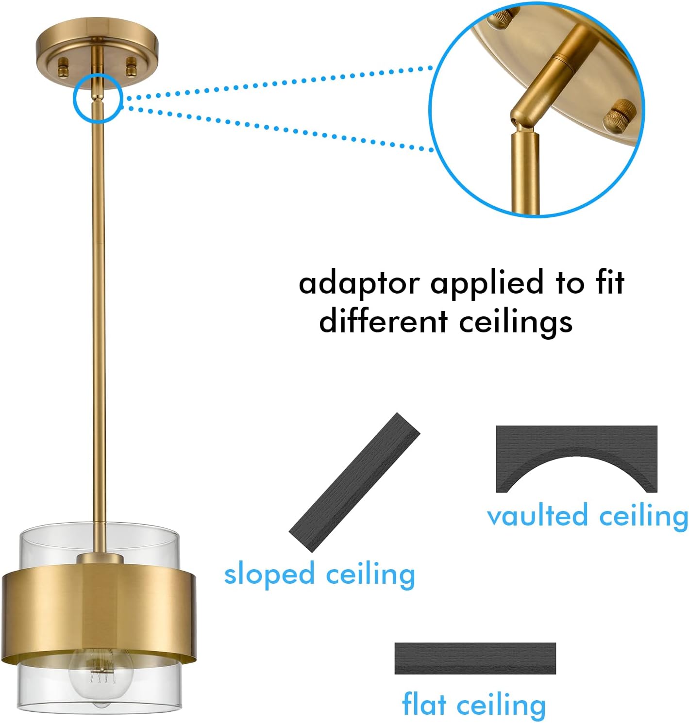 CLAXY Gold Pendant Light Mini Hanging Kitchen Pendant Lighting with Clear Cyliner Shade for Kitchen Sink Dining Bathroom, Adjustable Hanging Rods