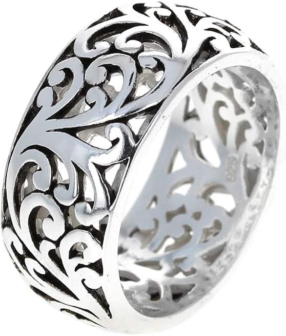 Sterling Silver Ring, Filigree Band Ring, 12mm, 925