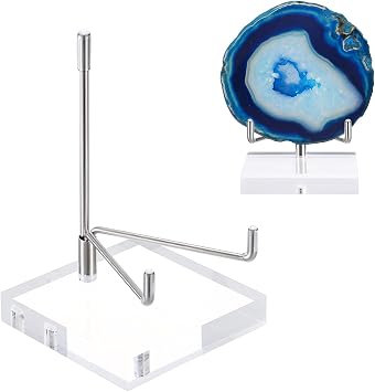 Hipiwe Clear Acrylic Display Stand with Adjustable Metal Arms for Rocks | Plate Display Easel Holder for Gemstones Fossils Minerals Agate Slabs Plates Crystals Saucers Collectibles, 3.1x3.1x4.9 inch