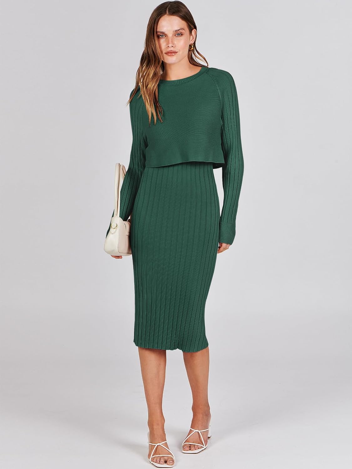 ANRABESS Womens 2 Piece Outfits Sweater Dresses Set Midi Skirt Sets Long Sleeve Crop Top Bodycon Ribbed Knit Dress 2025 Fall - Image 2