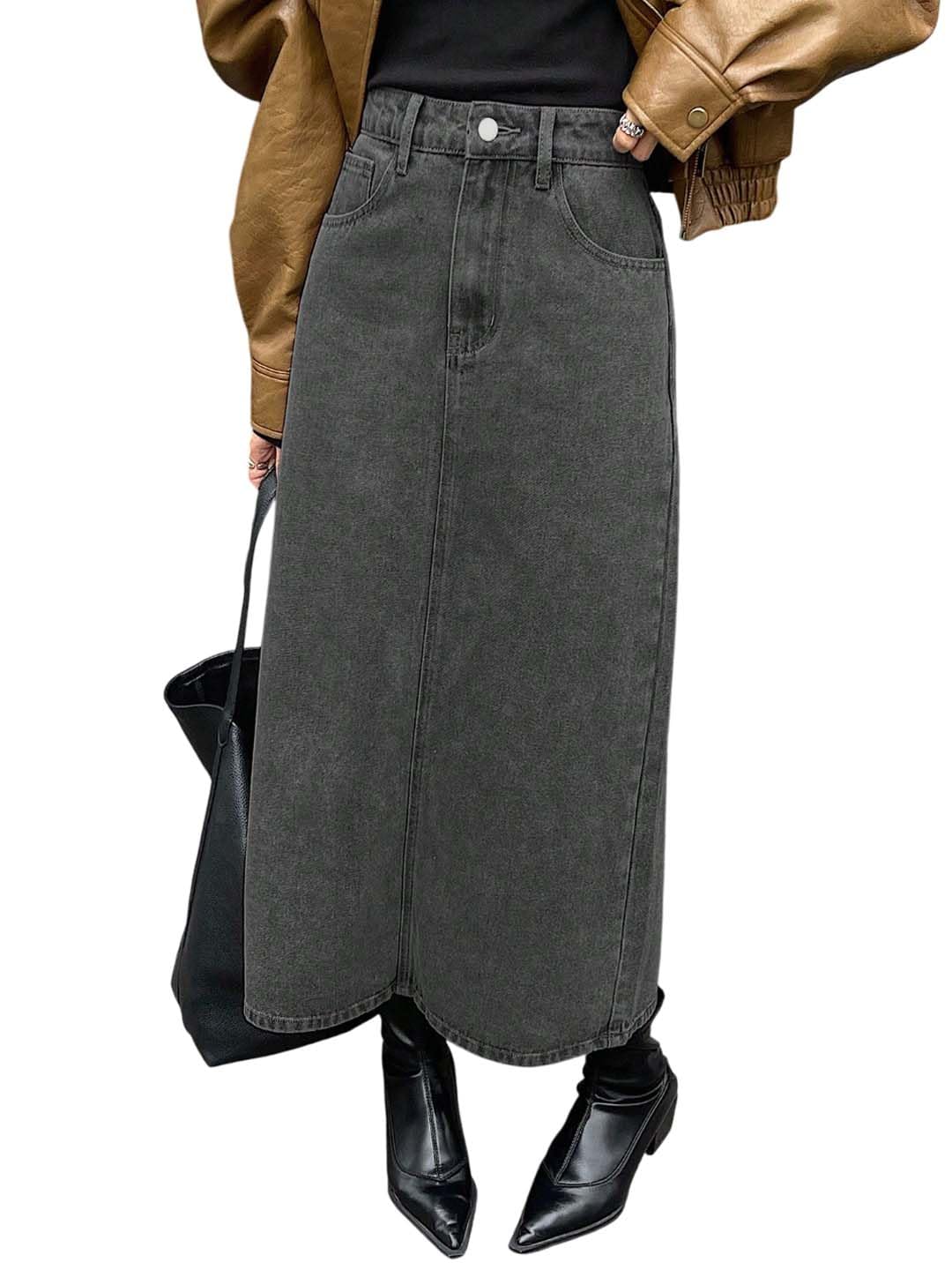 kotty Women's Solid Carbon Grey Maxi Skirt-picture-6