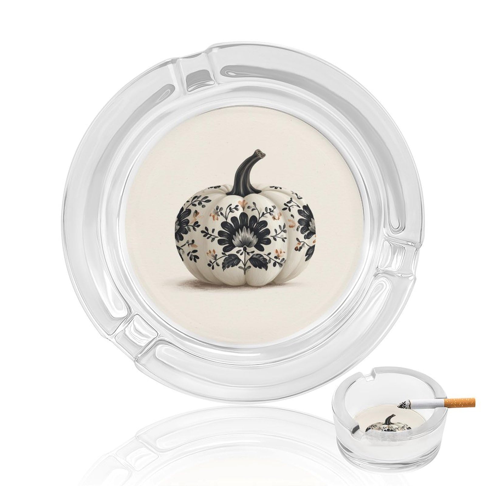 White Pumpkin with A Black Floral Pattern Glass Ashtray for Cigarettes Portable Decorative Ash Trays for Home Office Decor