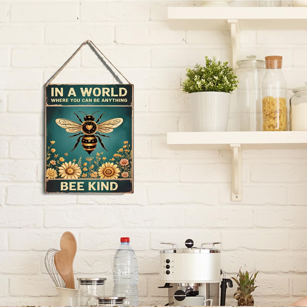 Inspirational Bee Sign - "In A World Where You Can Be Anything Bee Kind" with Floral Background - Motivational Wall Decor Plaque (6.7 x 10 Inches) - 3