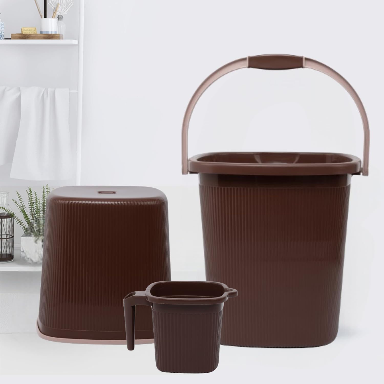 RegaloSquare Ribbed Funk 3 Pcs Bathroom Set (Bucket 25L+Mug 1.5L+Stool) (Dark Brown, Plastic)