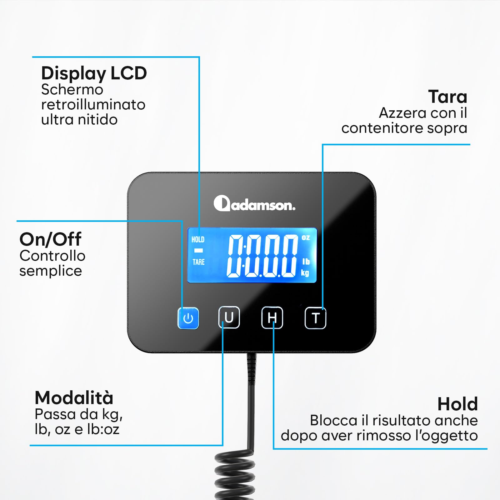 Bilancia Professionale 200 kg/10 g Alta Precisione con Funzione Hold/Tara per Pacchi Bagagli Uso Industriale