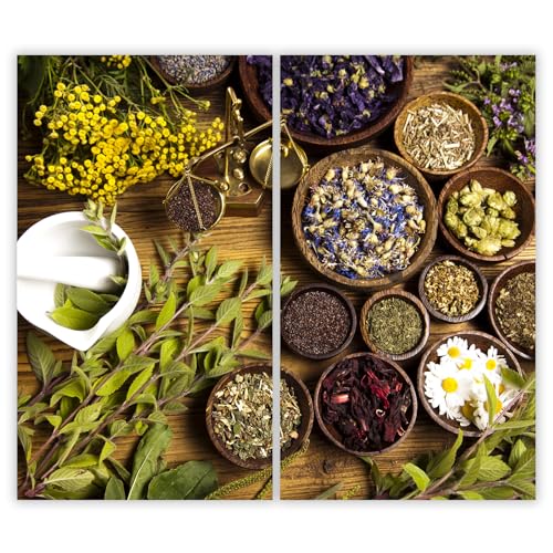 SMTDeco Herdabdeckplatte 2×30×52 cm – Mehr Arbeitsfläche, Spritzschutz & Schneidebrett – ESG Glas, kratzfest – für Induktion/Ceranfeld – 2-teilig, Motiv Kräuter Kamille Braun