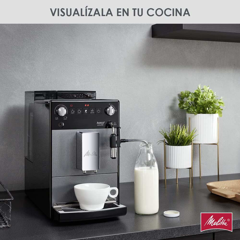 Melitta Avanza F270-100 Mystic Titan - Cafetera superautomática compacta con molinillo silencioso, máquina de café con capuchinador easy, depósitos XL, modo doble taza y limpieza automática, 1,5 L