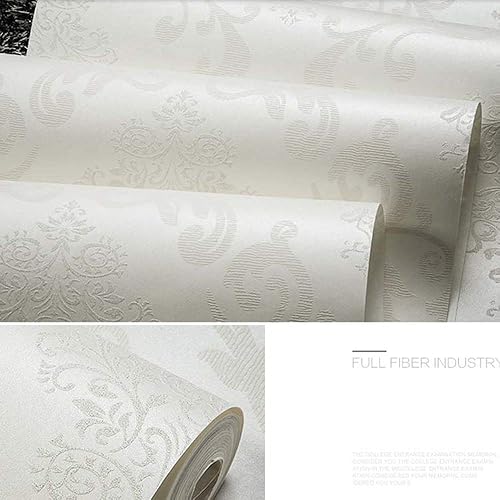 Miniatura 5 de DAWEI - Rollo de papel tapiz no tejido en polvo de damasco de lujo 3D para sala de estar, color crema, 1.73 pies de ancho x 32.8 pies de largo