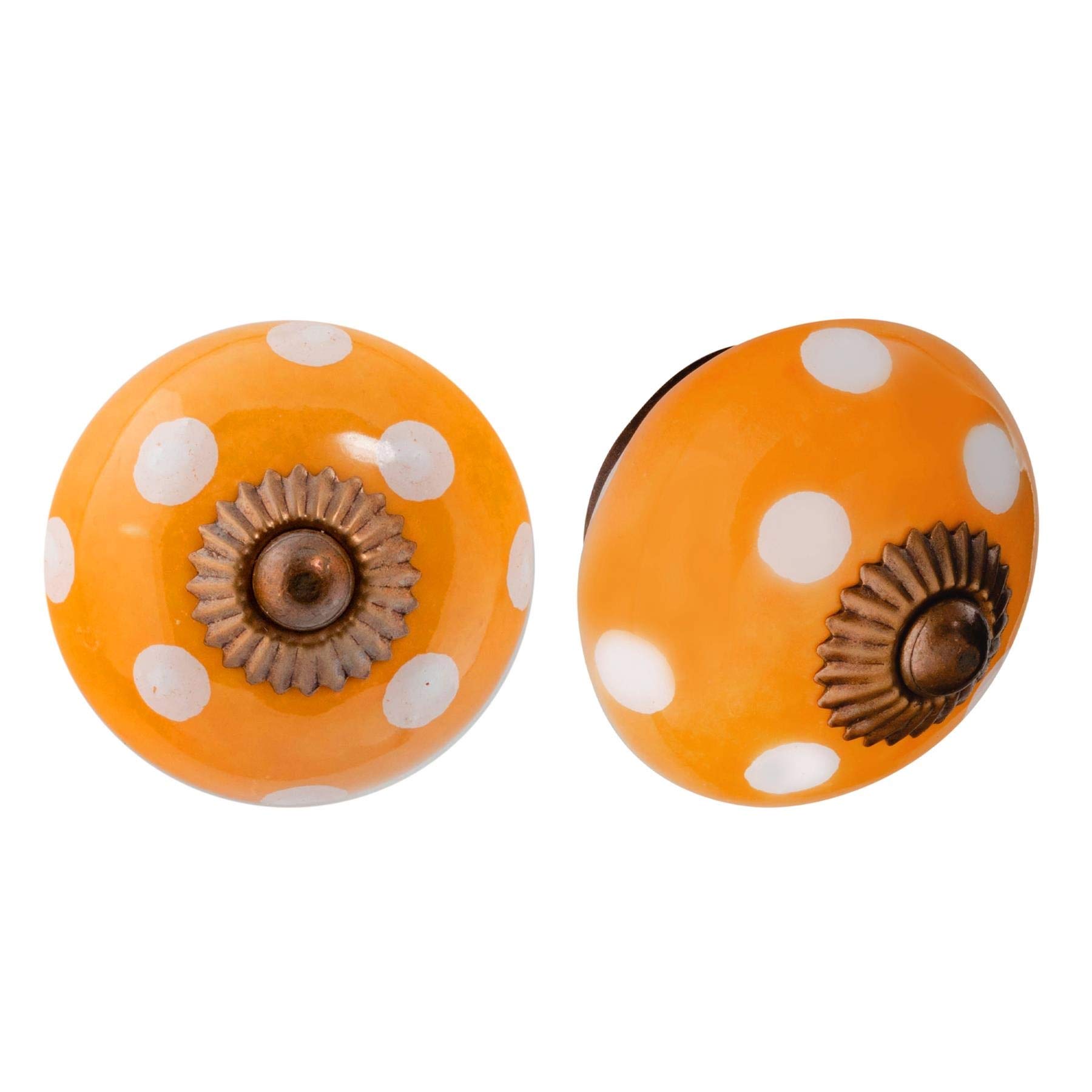 Nicola Spring Ceramic Cupboard Drawer Handle Knobs - Polka Dot Design - Orange/White - Pack of 6