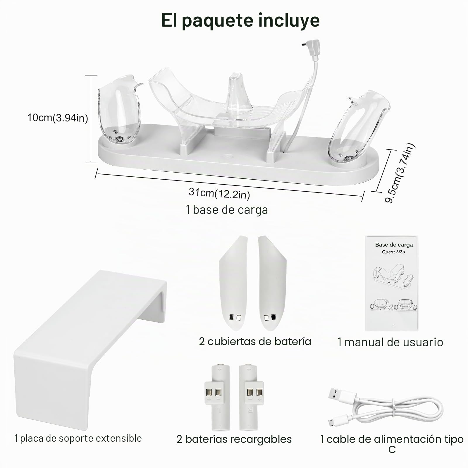 Base de Carga para MetaQuest 3S/Quest 3, Base de Carga rápida con indicador LED, estación de Carga con Carga rápida USB-C para Consola VR y Controlador táctil (Blanco)