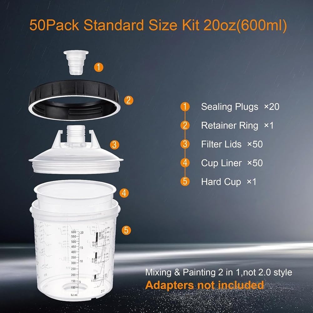 Paint Mixing& Storage Cup 20 Ounce(600ml) Kit- 50 Individual Paint Cups, Lids, 1 Hard Cup with Retainer Ring, and 20 Plugs System