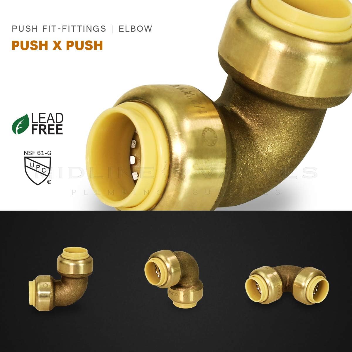 MIDLINE VALVE VQFJ034 90 Degree Elbow Pipe Fittings Push to Connect Pex Copper, CPVC, 1/2'', Brass