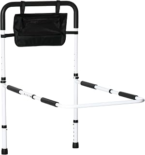 HOMCOM - Barra de apoyo para cama con patas de barrera segura, protección ajustable, 5 alturas, bolsa de almacenamiento, 52 x 85-95 x 71-102 cm, color blanco y negro