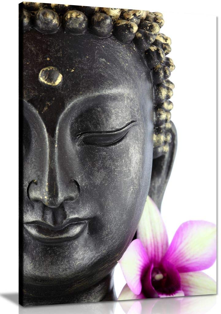 Panther Print Pink Purple Buddha Statue With White And Purple Flower Canvas Wall Art Picture Print (24X16)
