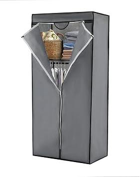 Foldable Canvas Wardrobe 158 68 45cm   Portable Fabric Closet with Hanging Rail & 2 Shelves, Collapsible Storage Closet for Clothes, No-Tools Assembly, Bedroom & Dorm Organiser Grey