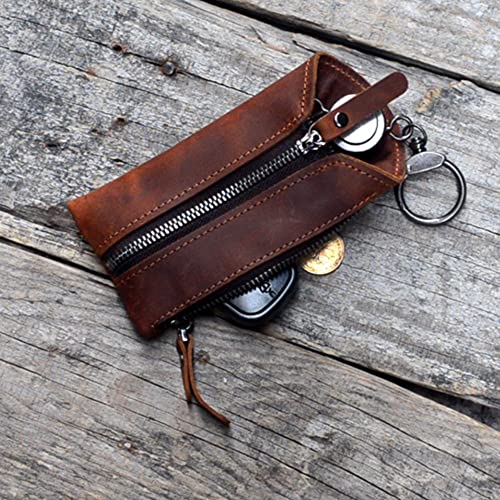 Coleat Genuine Leather Key Chain Zipper Coin Case, Leather Car Smart Key Chain Metal Hook, Keyring Zipper Coin Wallet Brown #TOP2
