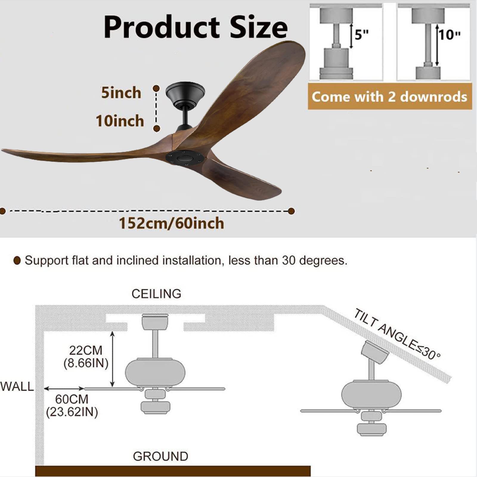 60 "ventilatore da soffitto esterno con telecomando, ventilatore da soffitto senza luce, 1/4/8h temporizzazione, moderno ventilatore da soffitto impermeabile interno/esterno