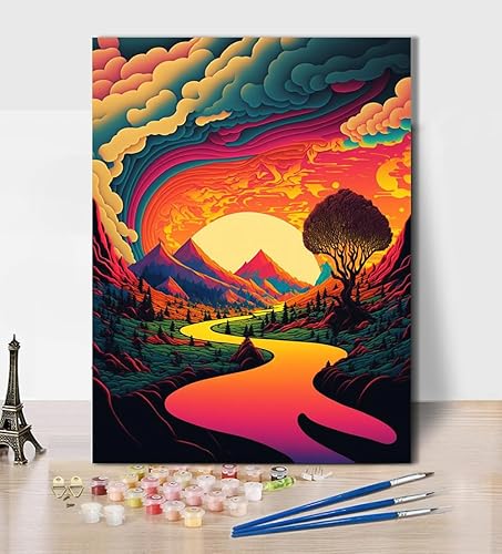 mrpwnle Pintura por números para adultos Pintura por números para adultos Lienzo fácil Bosque Atardecer océano paisaje pintura por números para