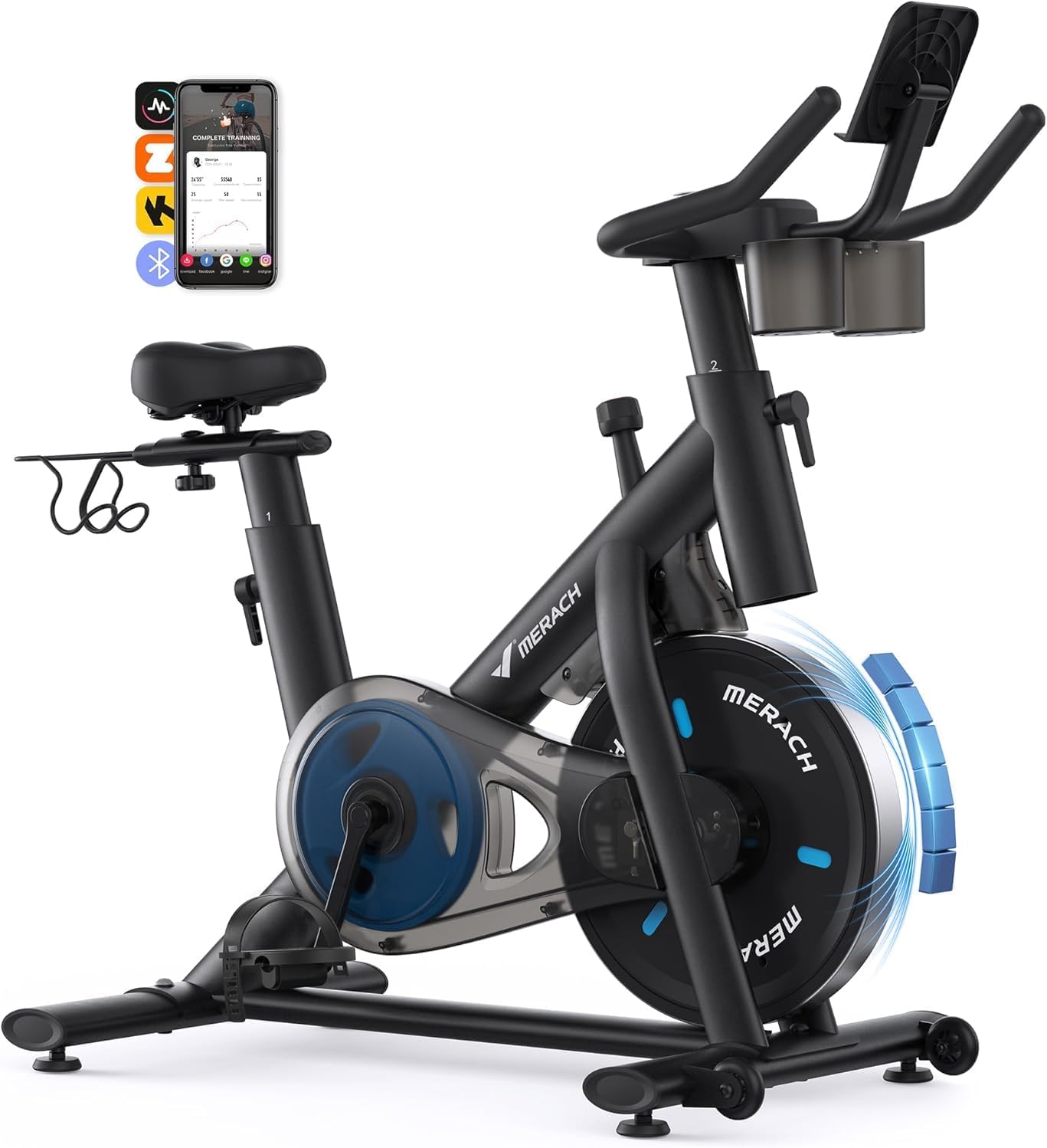 MERACH エアロバイク フィットネスバイク アプリ連動 ZWIFT Kinomap対応 ハイエンドモデル マグネット式 静音 無段階負荷調整 カップ ダンベル タブレットホルダー付き サドル・ハンドル調整可能 スピンバイク ルームバイクトレーニングバイク 組立簡単 移動便利 室内自転車 家庭用