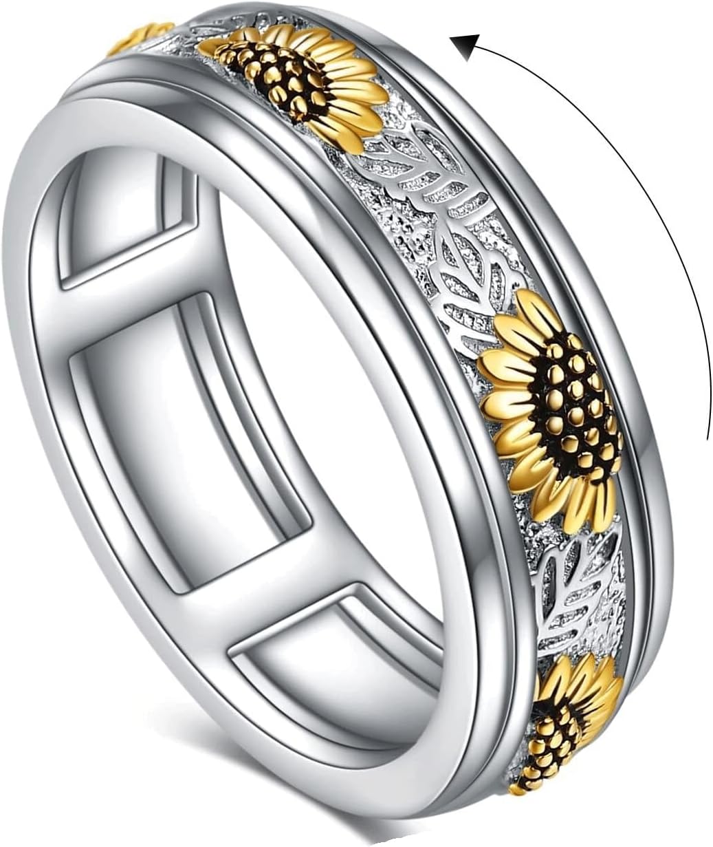 Sunflower Anxiety Ring Spinner Rings Rotatable Mood Rings for Women Relieve Stress Jewelry Gift