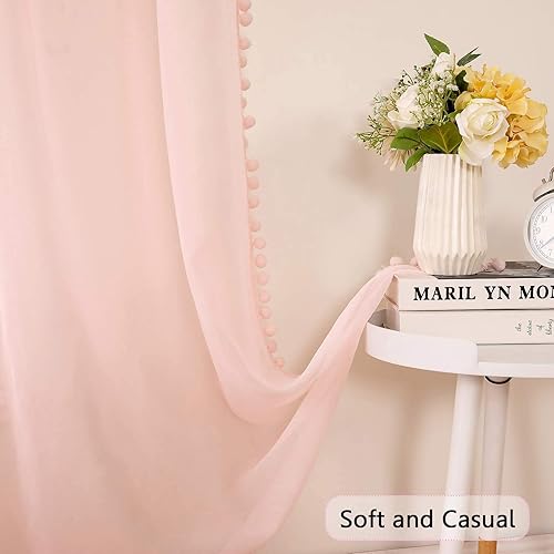 Miniatura 8 de MIULEE - Cortinas transparentes con pompones, con bolsillo superior para cortinero, para cocina, baño o sala de estar