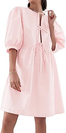 AKLOPVII Women's Summer Dresses Tie Up Puff Sleeve Mini Dress Crew Neck Loose Fit Casual Y2K Beach Party Dresses Pink, Medium