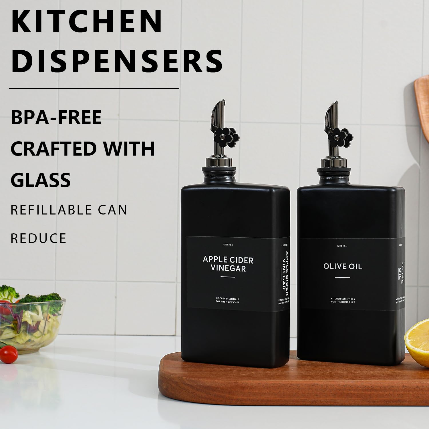 HOMCDALY Olivenölspender für die Küche, 340 ml, Glas-Küchenspenderflasche, schwarzes Öl- und Essig-Menage-Set, auslaufsicher, Olivenöl zum Kochen, 2 Stück (340 ml, Schwarz)