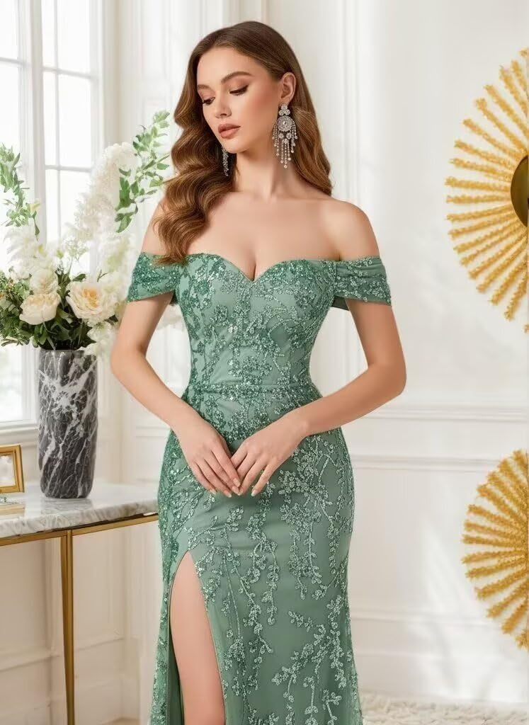 AKLASU Lace Applique Prom Dress 2026 Tulle Mermaid Off Shoulder Prom Dresses Long Formal Evening Party Gowns with Slit