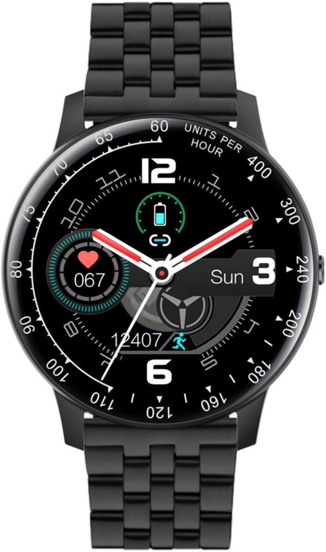 Radiant Smart Watch with black steel strap on a white background, showing the watch face with time, date, and activity trackers.