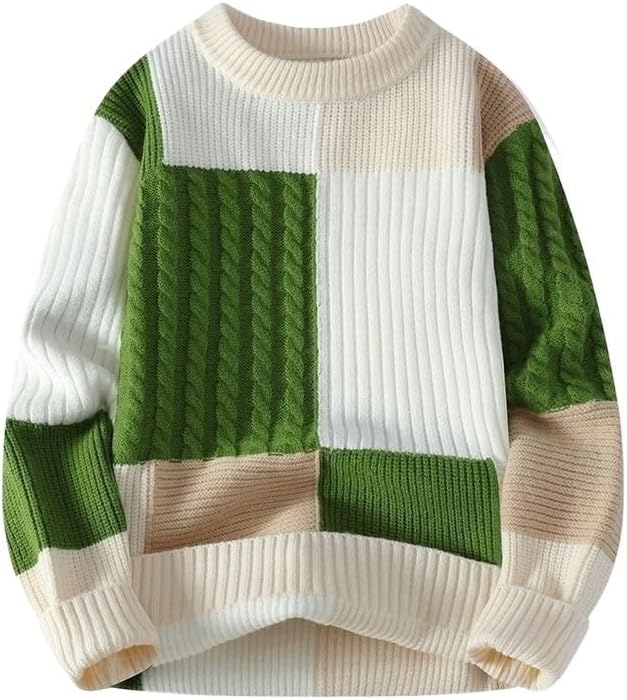 Men's Winter Pullover Round Neck Color Blocking Long Sleeved Sweater Warm Knit Sweaters Gray