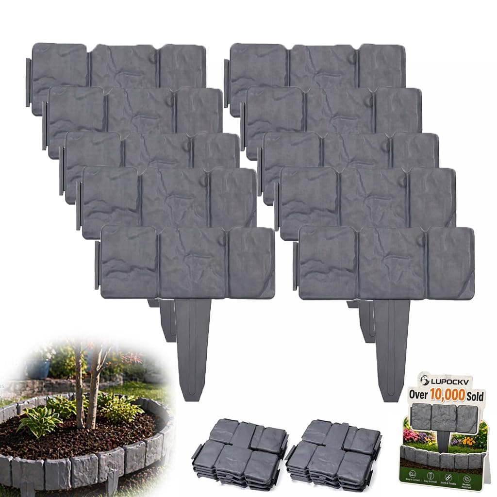 Imitation Stone Garden Fence Plastic Retaining Edging Border Grey Cobbled Effect Landscape Decor Interlocking Decorative Panels Flower Bed Path Lawn Outdoor Picket Yard Grass Edge (grey, 10pcs)