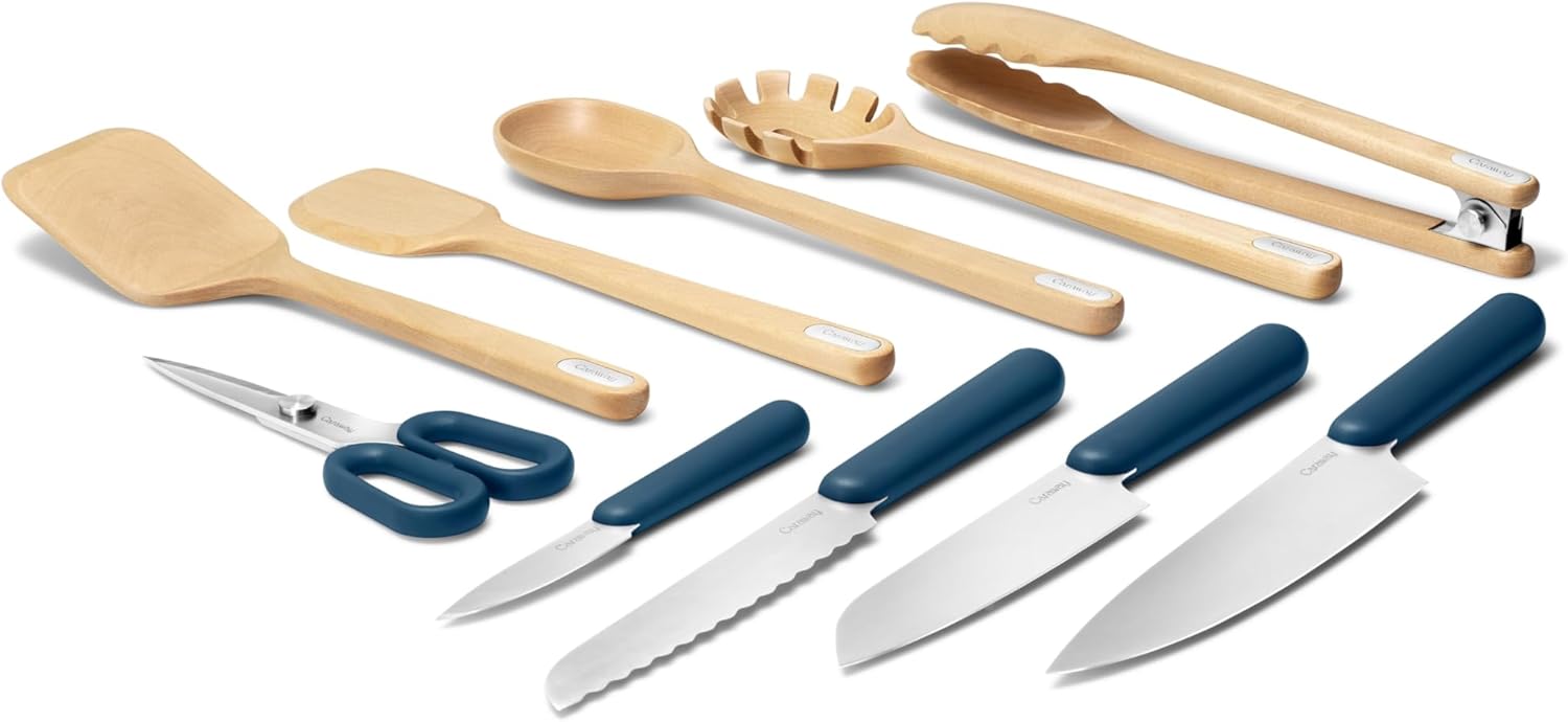 Caraway Kitchen Knife Set & Wooden Utensil Set - Made With Premium German Steel Blades & FSC-Certified Birch Wood - Non-Toxic Materials - Navy