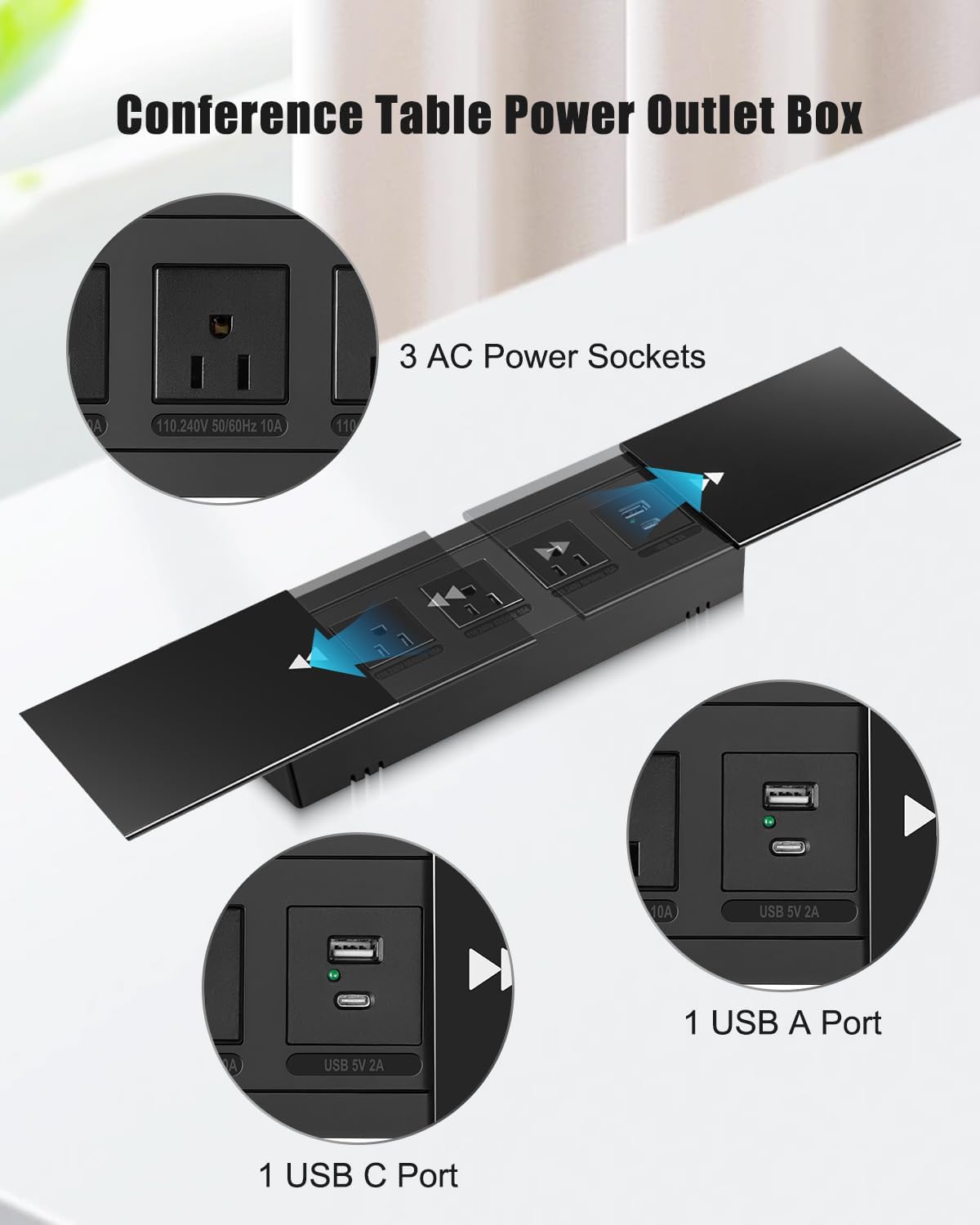 Connectivity Box Conference Table Power Box with 3 Power Sockets + 2 USB Charger, 9.8ft Power Cord, Aluminum Alloy Embedded Tabletop Outlet for Office, Conference Room, Kitchen Countertop