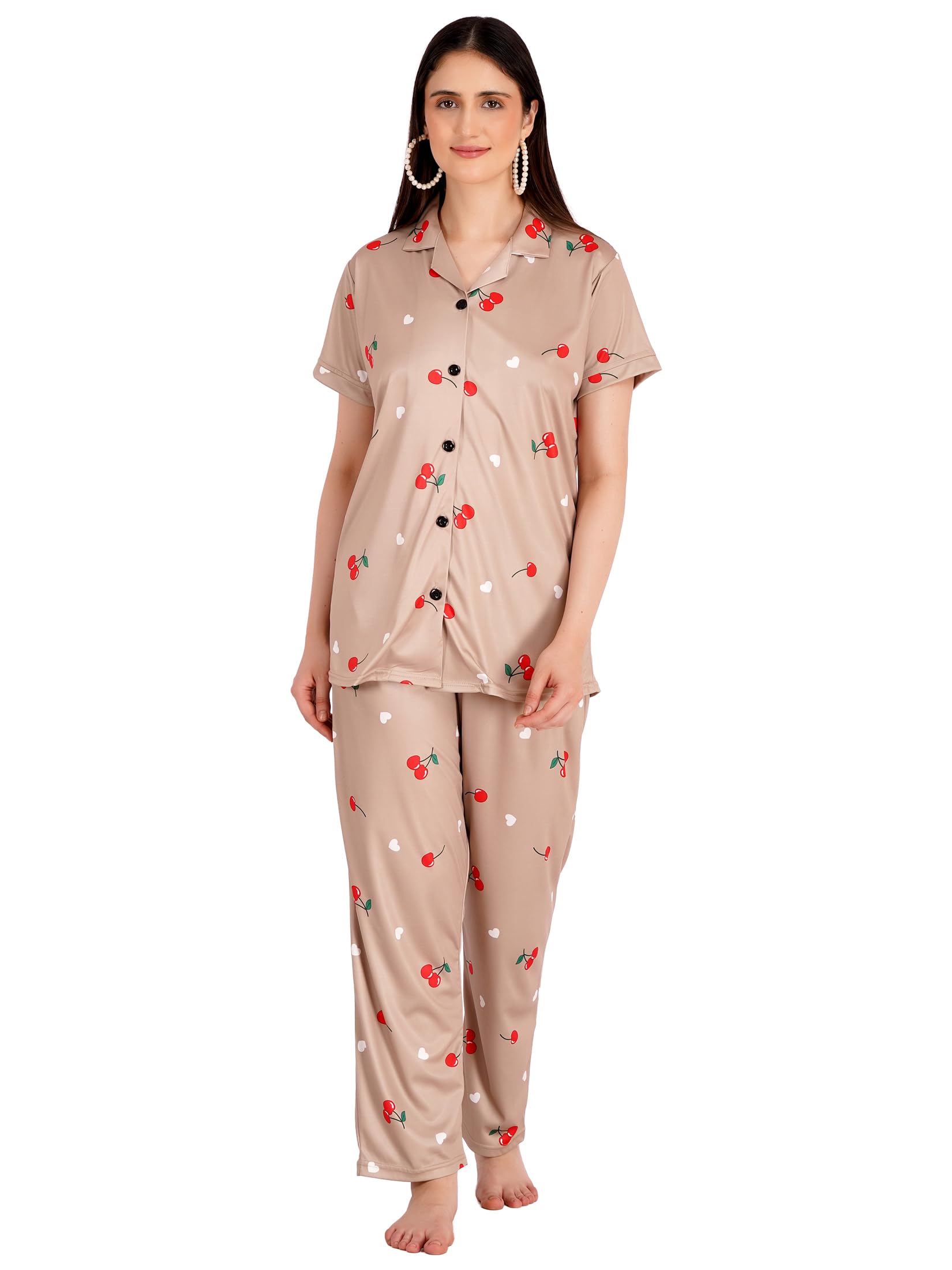 Women Night Suit Set Floral Printed Short Sleeve Button Down Top & Pajama Set Multicolour-image-47