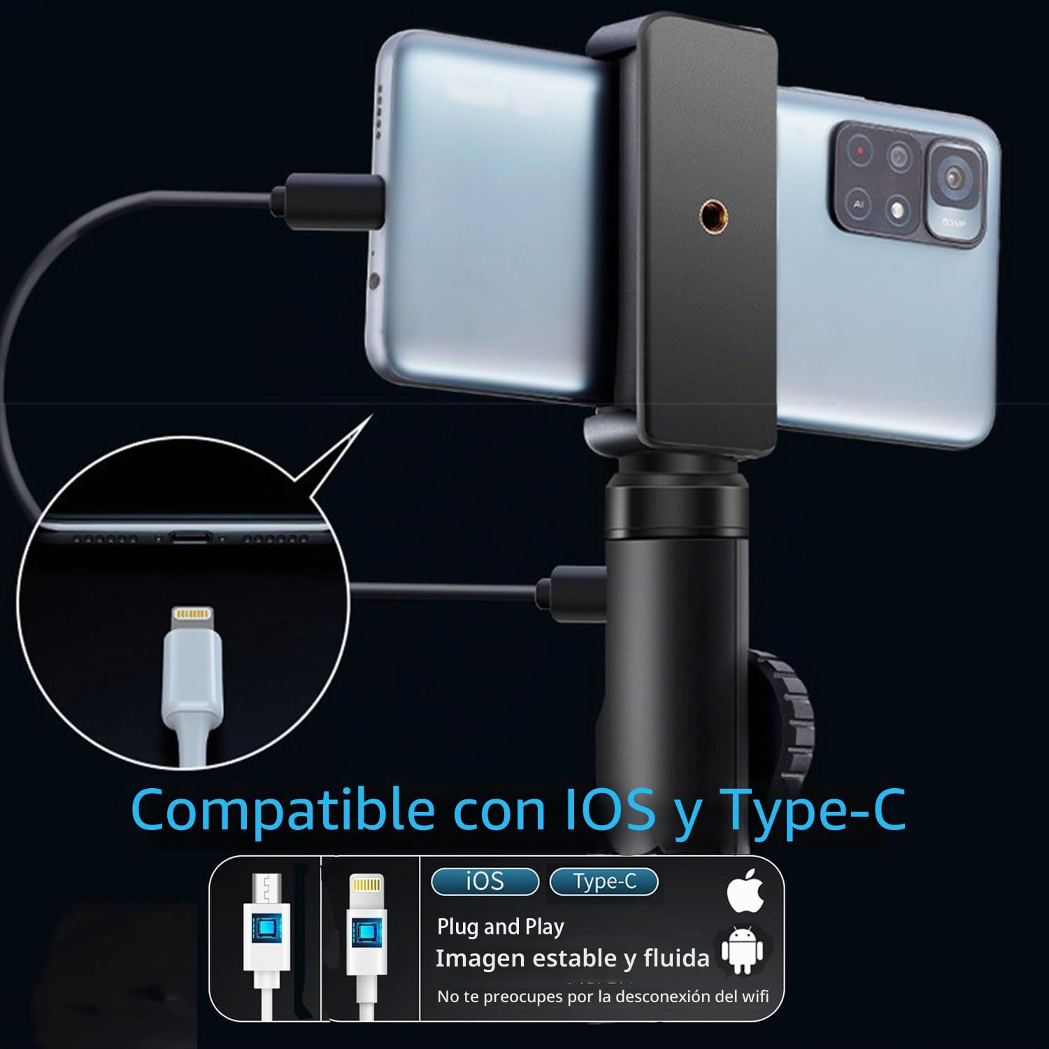 Endoscopio cámara de inspección, con lentes dobles, borescopio articulado de 360°, endoscopio con luz, lente de 6 mm IP67 sonda impermeable, 6 luces LED, para teléfonos Android/iOS (1 m/3,28 pies)