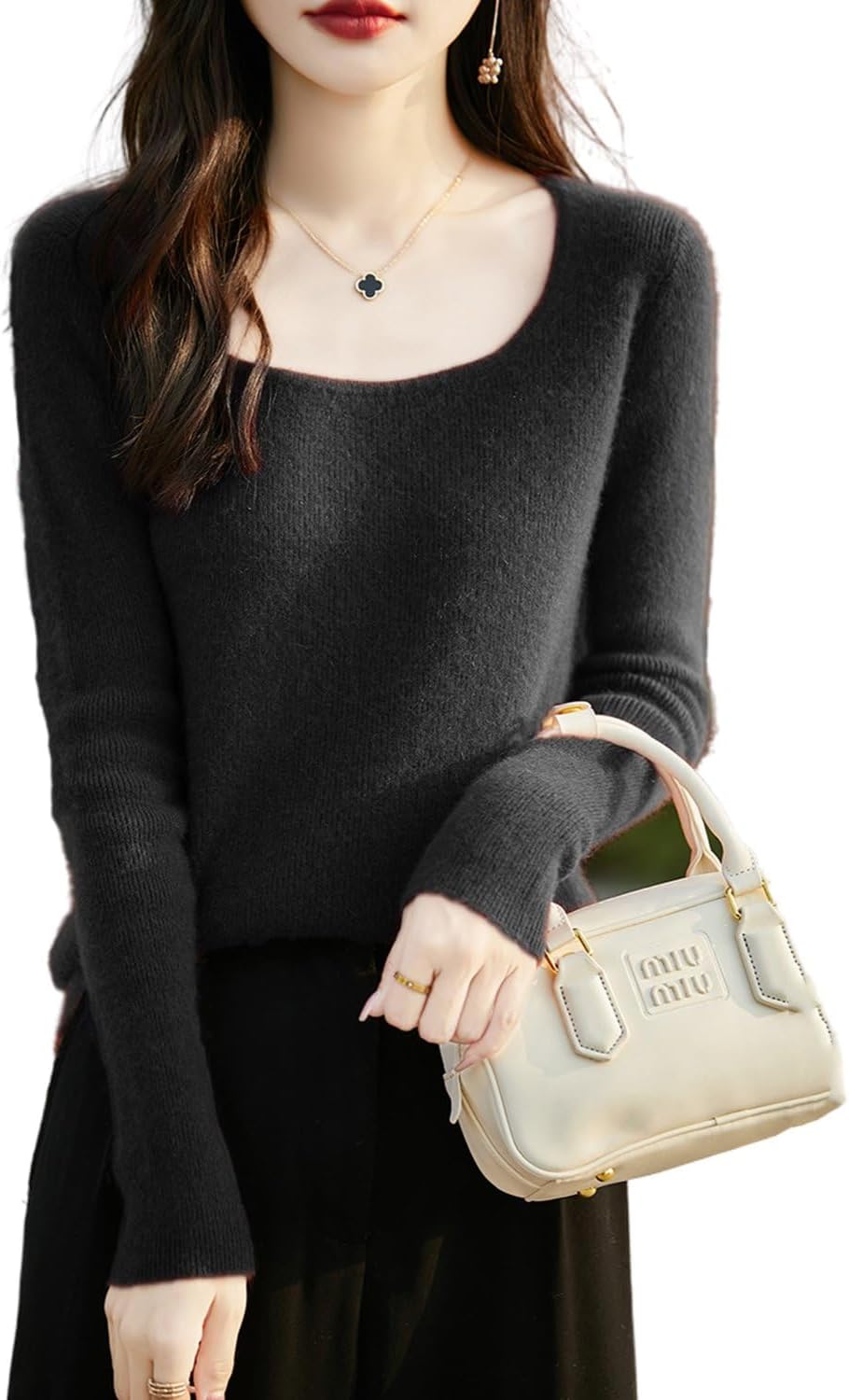 100% Merino Wool Sweater Women's U-Neck Long Sleeve Knitted Pullover Autumn Winter Basic Short Tops