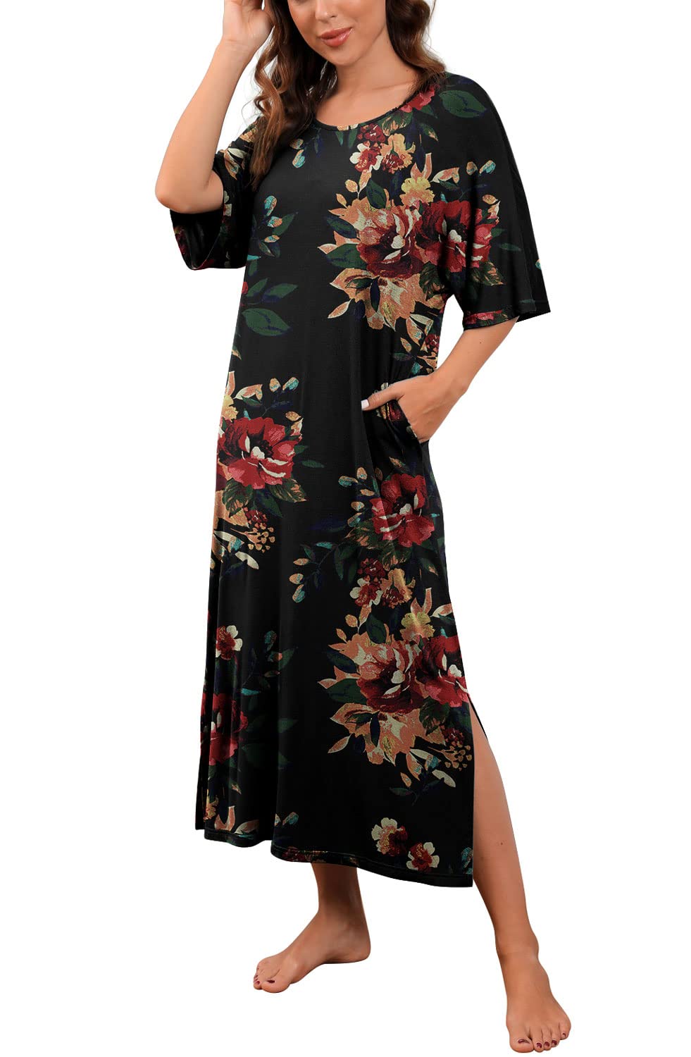 PrinStory Womens Long Nightgown Round Neck Nightshirts Short Sleeve Loose Loungewear Casual Sleep Dress With Pockets