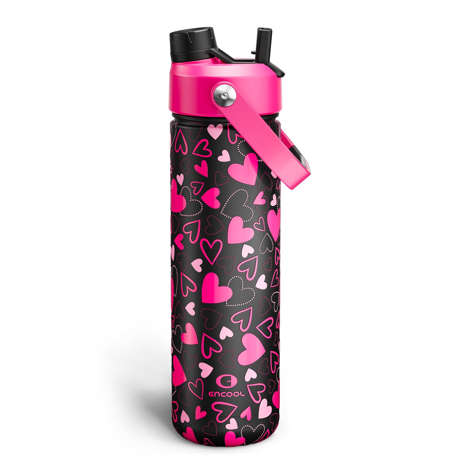 ENCOOL Insulated Water Bottle with Straw Stainless Steel Water Bottle, Leak-Proof, BPA-Free, Keeps Cold for 24 Hours for Sports, Travel, School (26 oz, Sweet Hearts Pink x Black)