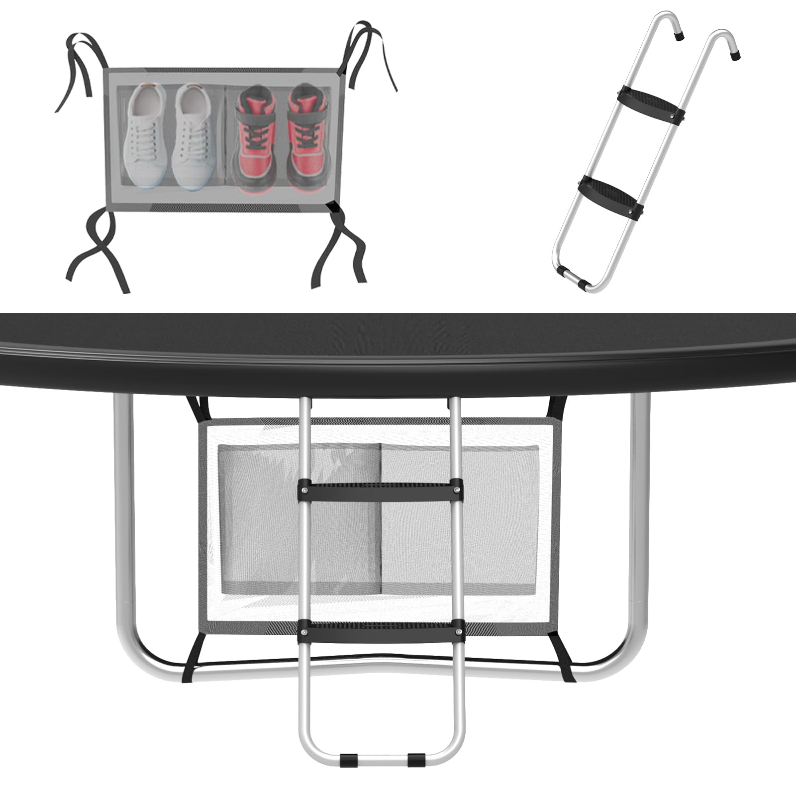 Gardenature Trampoline Ladder, 2 Steps with Wide Step, Trampoline Steps with Storage Bag, Trampoline Accessories for Kids,Silver