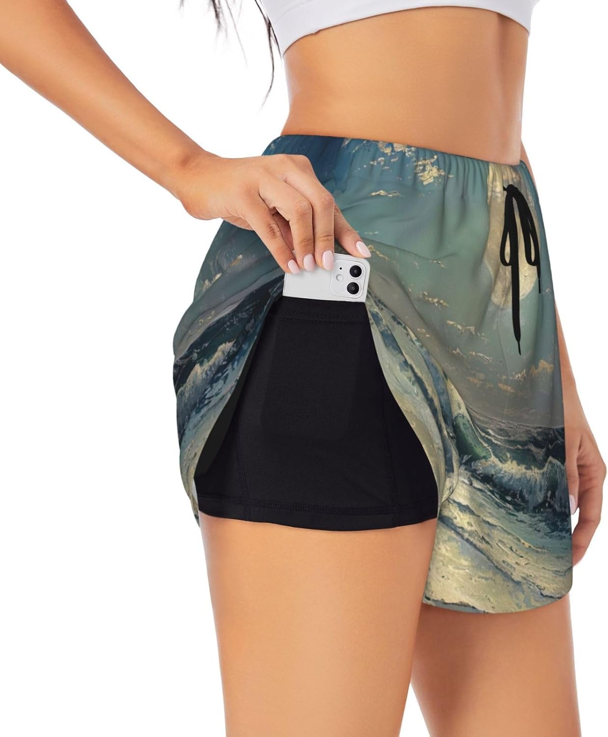 Moon and Sea Print Women's Running Shorts,Athletic Shorts with Elastic Pockets,for Yoga,Jogging and Fitness