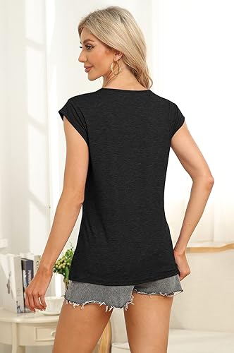 Miniatura 4 de Camisetas de verano para mujer, camisetas de manga casquillo, blusa casual con cuello en V, encaje y estampado floral, ajuste holgado