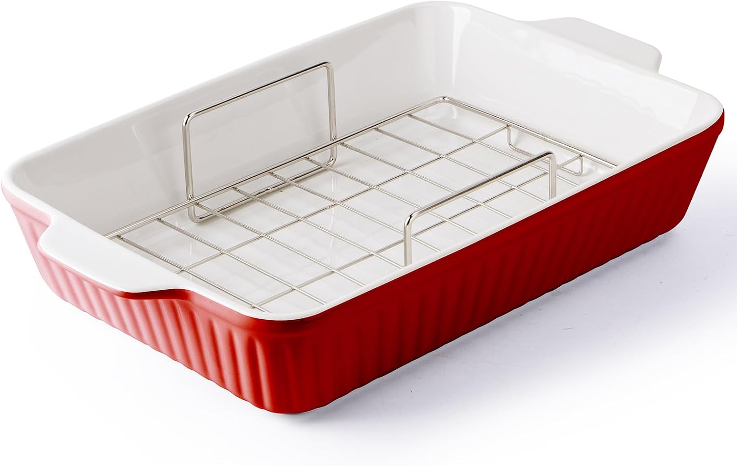 DOWAN 9x13'' Baking Dish with Handles Rack, Deep Ceramic Casserole Pan & Stainless Steel Roasting Rack for Oven, Chicken & Meat Resting, Ceramic Lasagna Pan, Dishwasher & Microwave Oven Safe-White