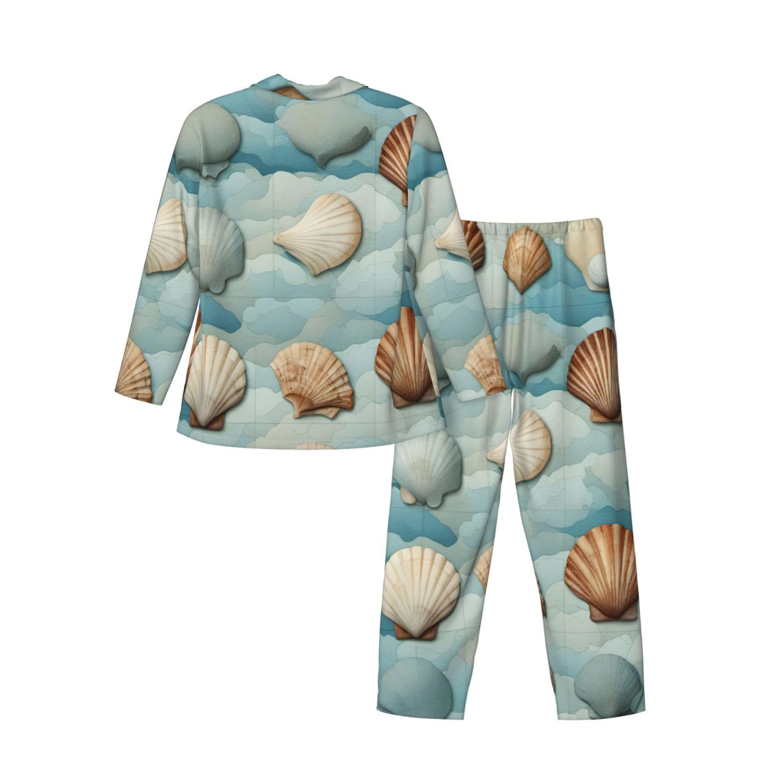 Herren-Pyjama-Set, langärmelig, Muschelmuster, zweiteilig, bequem, Nachtwäsche