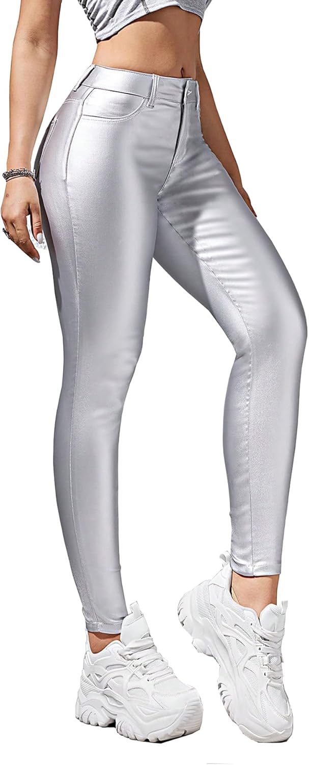 Faux Leather Stretchy Skinny Jeggings Coated Faux Leather Legging Pants Mid Waisted with Pockets