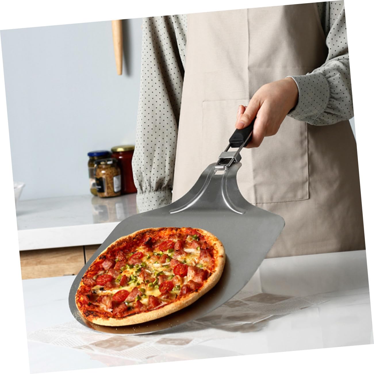 Cabilock Faltbare Pizzaschaufel und Ovaler Form aus Edelstahl 12 Zoll mit Ergonomischem Griff Robustes Backzubehör für Küche und Restaurantgebrauch