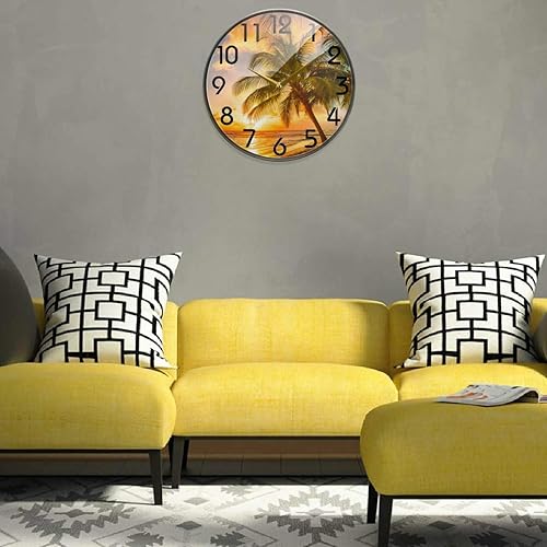 Miniatura 4 de Naanle Reloj de pared redondo 3D con diseño de palmera de playa y puesta de sol de verano, 9.5 pulgadas, silencioso, funciona con pilas, de cuarzo