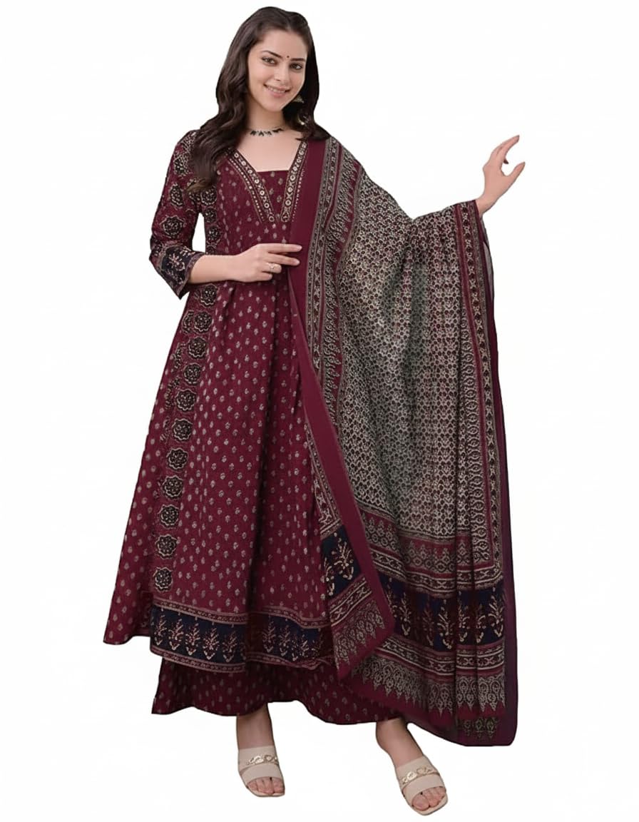 Women's Rayon Printed Anarkali Kurta and Pant with Dupatta Set