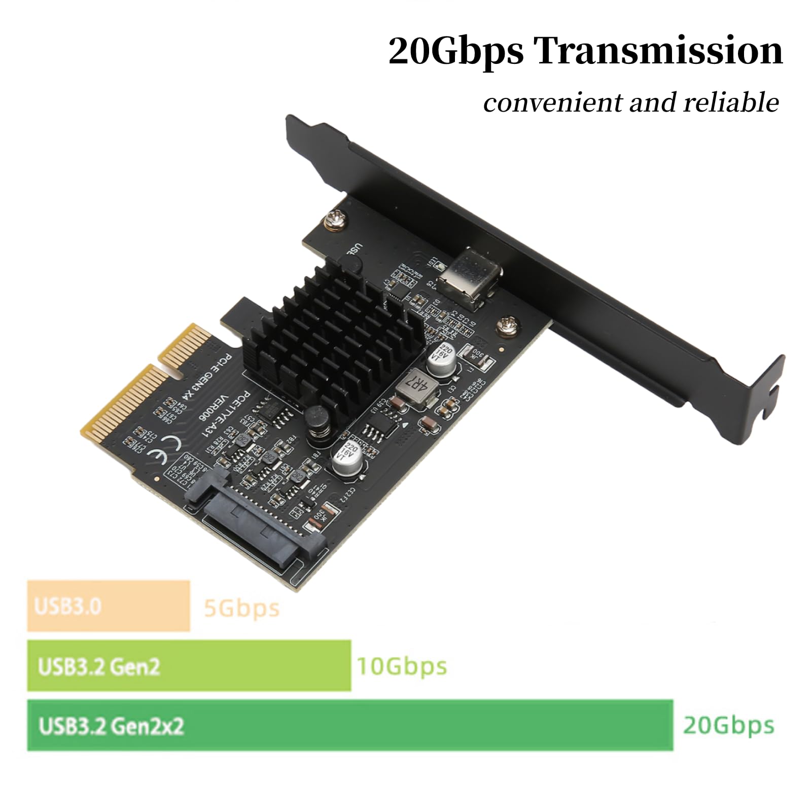 Lazmin112 Carte D'extension PCIe vers USB 3.2 Gen 2, Carte Adaptateur 1 Port Type C GEN2x2 20 Gbps PCI-E 4X, pour Contrôle Principal ASM3242, pour 10/11 32/64 Bits