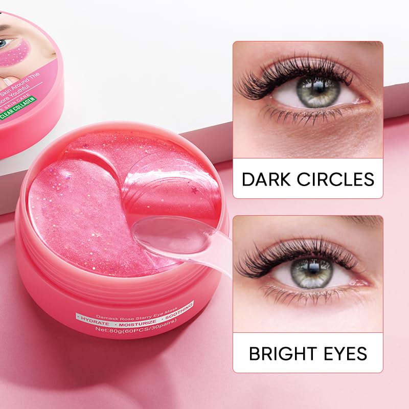 Under Eye Patches for Dark Circles, Anti Smile Line & Wrinkle Eye Gels with Collagen & Peptides for Puffy Eyes & Dark Circles, 60 Pcs Hydrating Hydrogel Mask, Anti-Aging Eye Gel Pads (Pink)