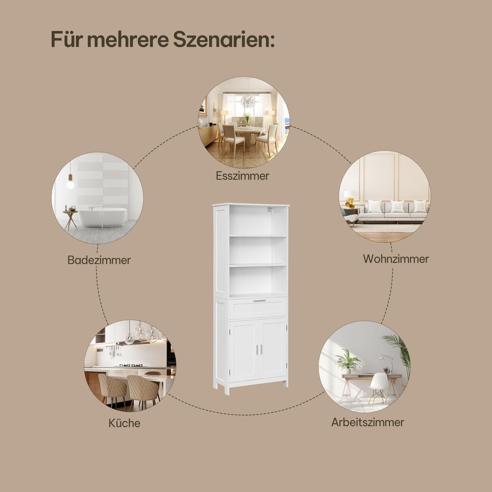 eSituro Badezimmerschrank, Badschrank Hochschrank, Aufbewahrungsschrank mit 2 Türen, 3 offenem Ebenen und 1 Schublade, Mehrzweckschrank für Badezimmer Büro Küchen Wohnzimmer, 60 x 160 x 30 cm, Weiß